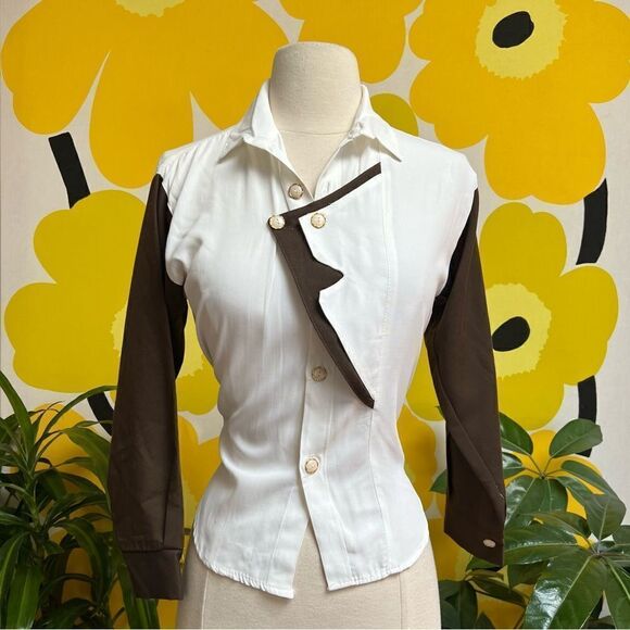 Vintage Tops - Super Unique Vintage 1980s Double Shirt Colorblock Asymmetrical Button Up